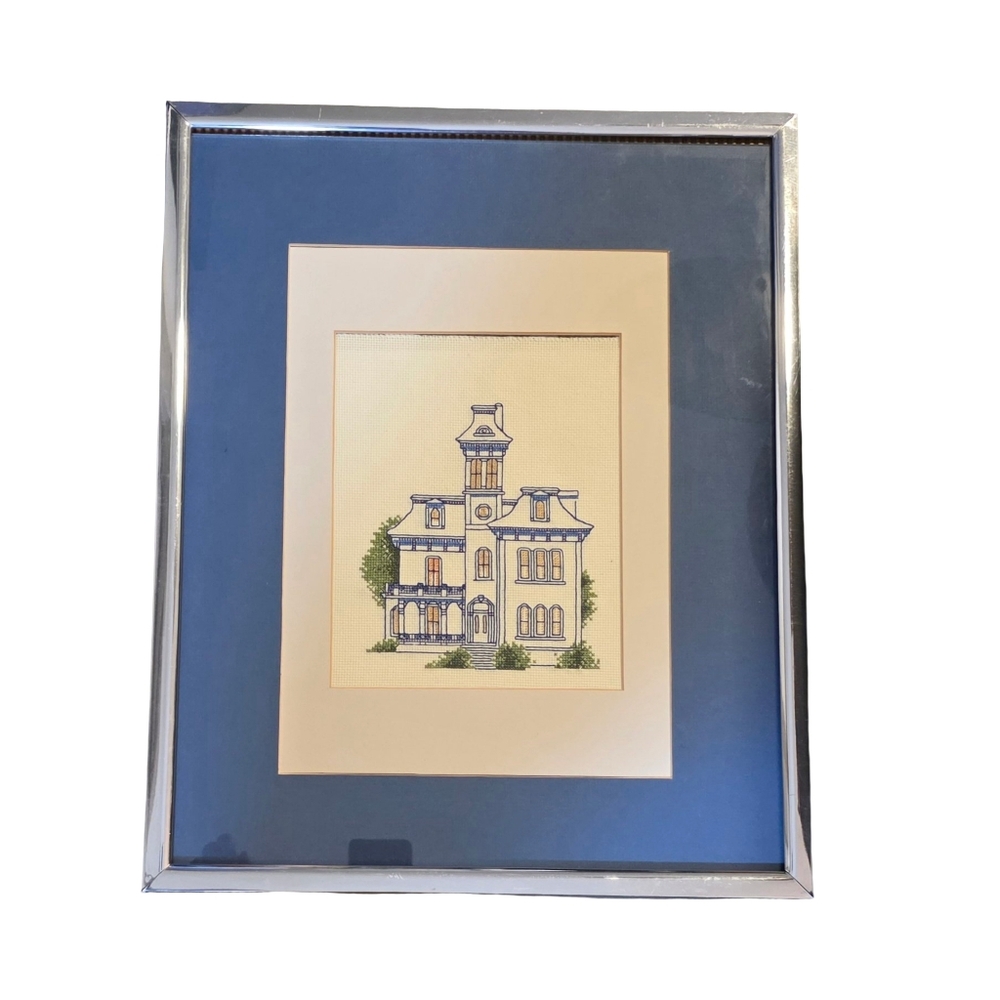 Victorian Cross Stitch House with Deep Blue Mat and Silver Frame